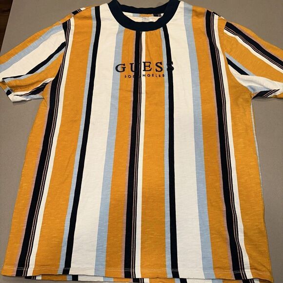 men’s vintage 90’s Guess Los Angeles vertical striped tee Medium embroidered - Picture 1 of 5